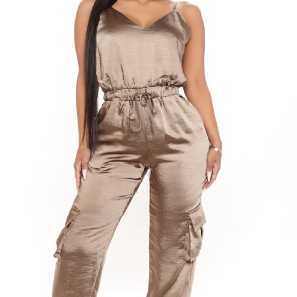 Bombshell Baddie Satin Jumpsuit - Olive